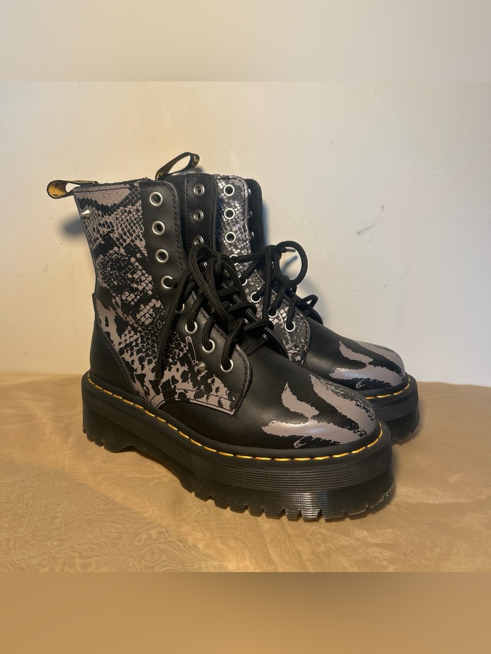 Dr. Martens Black Combat Boots with Gray Snake Print